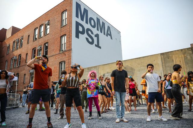 Photographs of people dancing and drinking at Moma PS1's outdoor courtyard on a sunny day